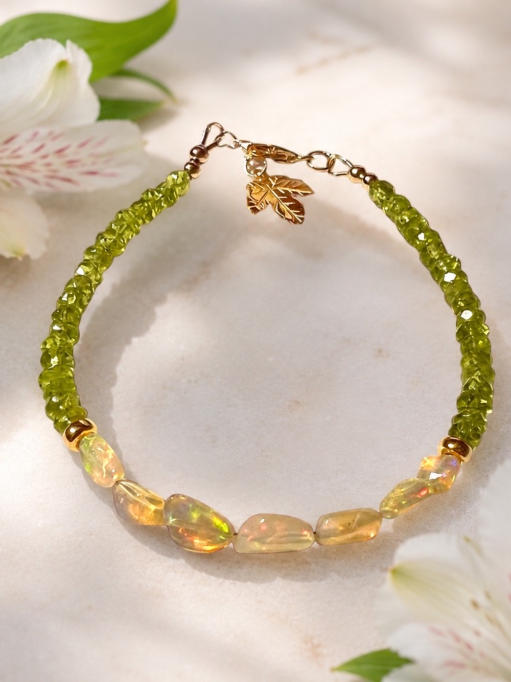 New Handmade 14K Yellow Gold Filled Peridot Opal Bracelet 7.5" - 7.9"